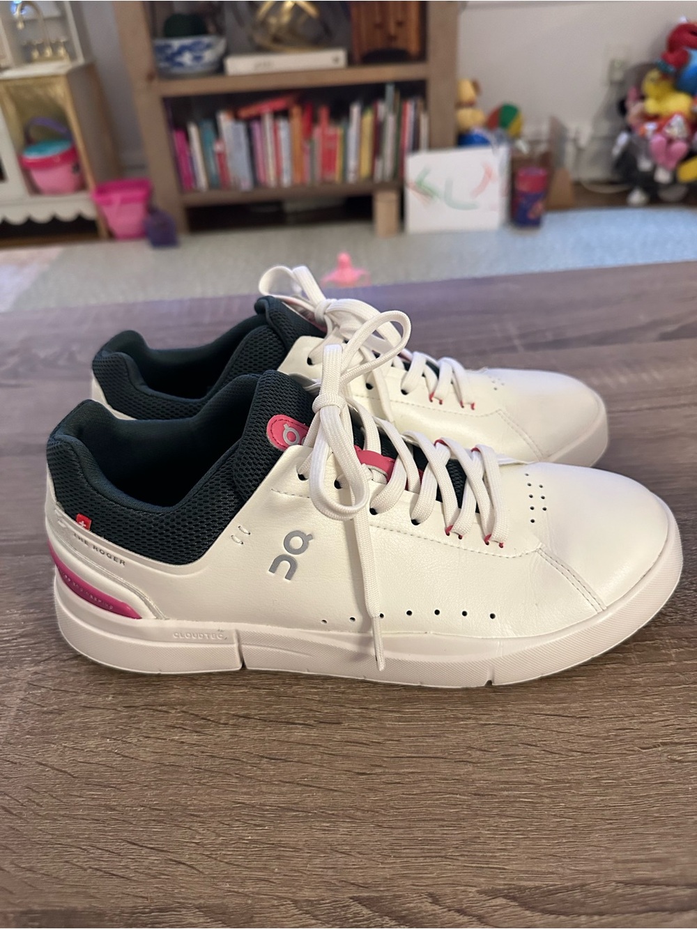 On Running White Sneakers with Pink and Emerald Accents